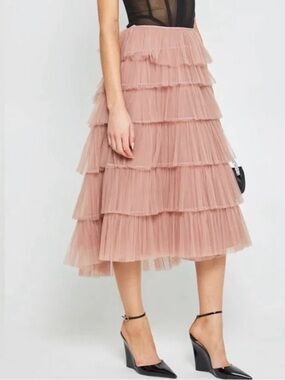 Layered Tulle Midi Skirt in Blush Pink
